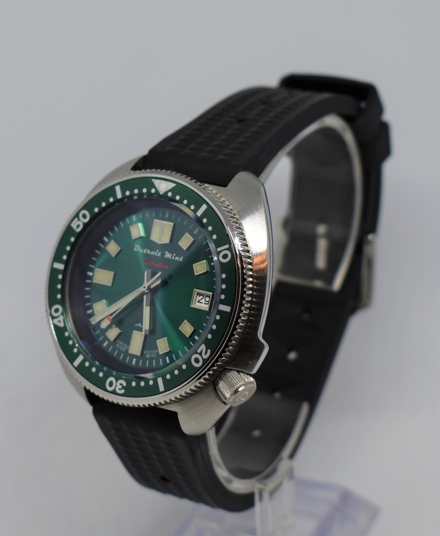 Detroit Mint Caretta Green Flash Turtle Dive Watch