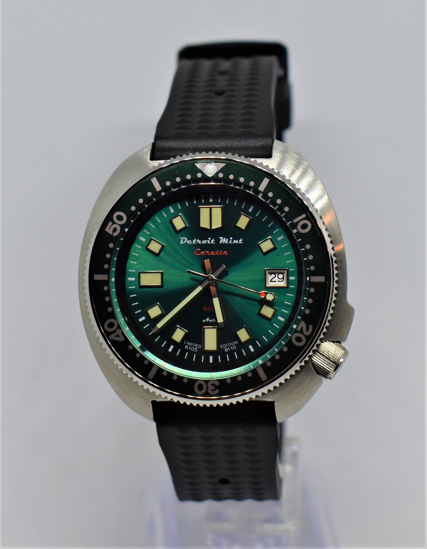 Detroit Mint Caretta Green Flash Turtle Dive Watch
