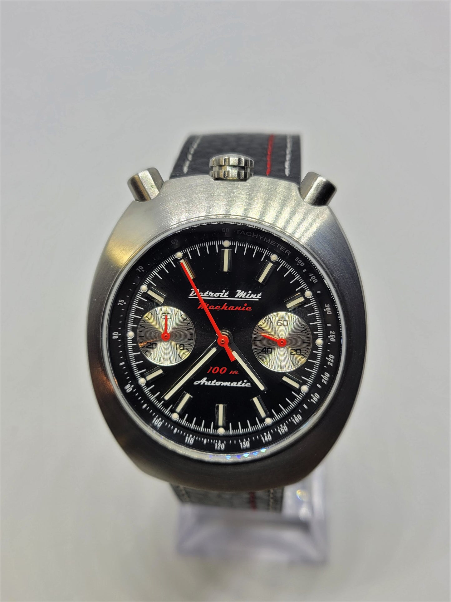 Detroit Mint Mechanic Automatic Chronograph Bullhead Brushed Silver Black Dial