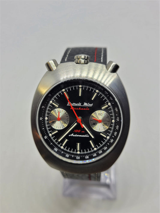 Detroit Mint Mechanic Automatic Chronograph Bullhead Brushed Silver Black Dial