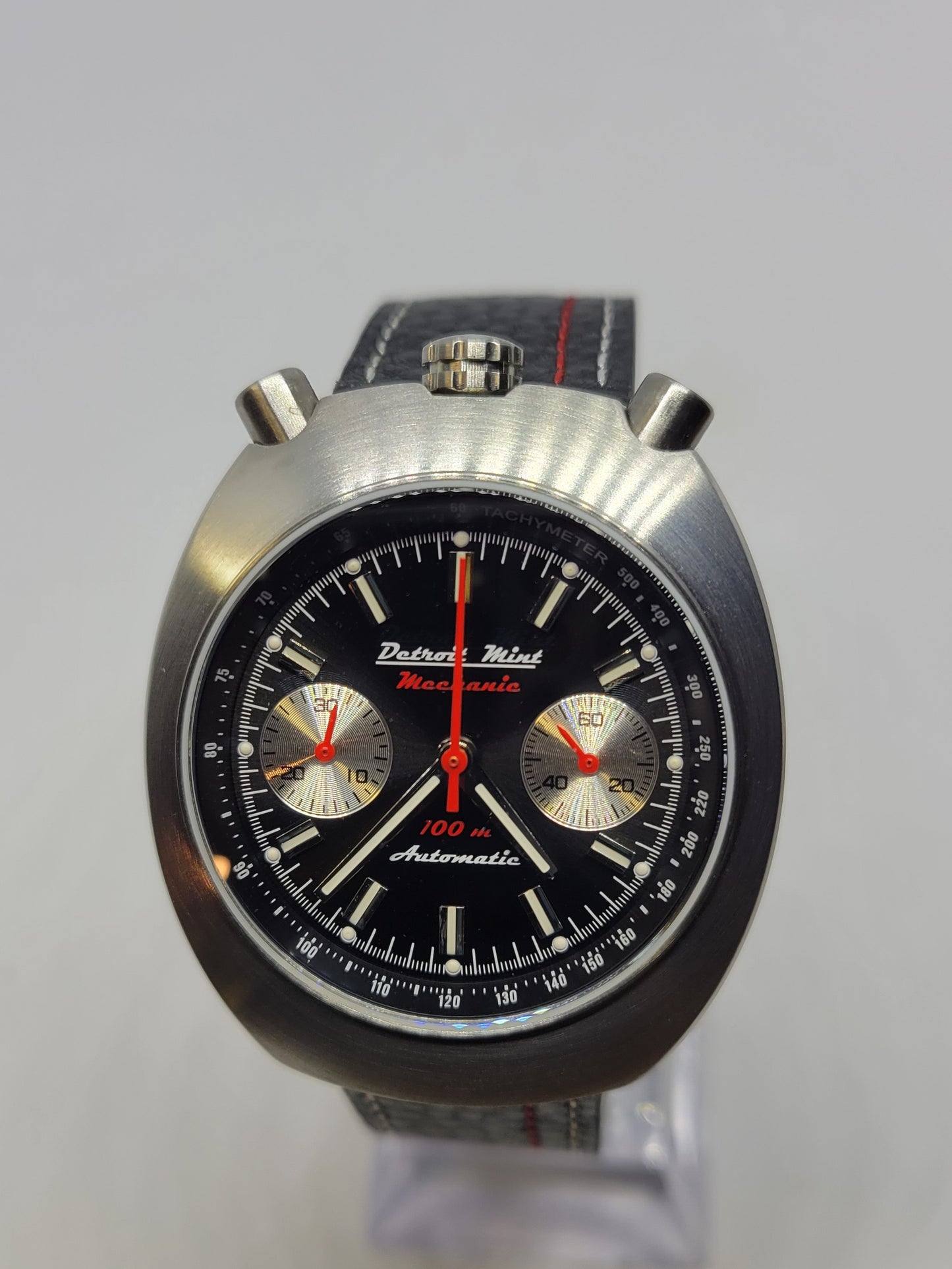 Detroit Mint Mechanic Automatic Chronograph Bullhead Brushed Silver Black Dial