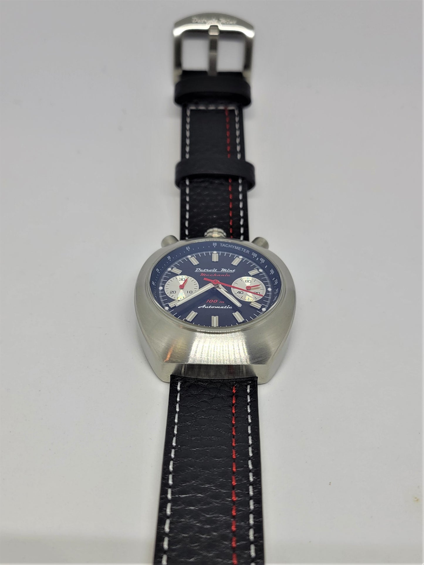 Detroit Mint Mechanic Automatic Chronograph Bullhead Brushed Silver Black Dial