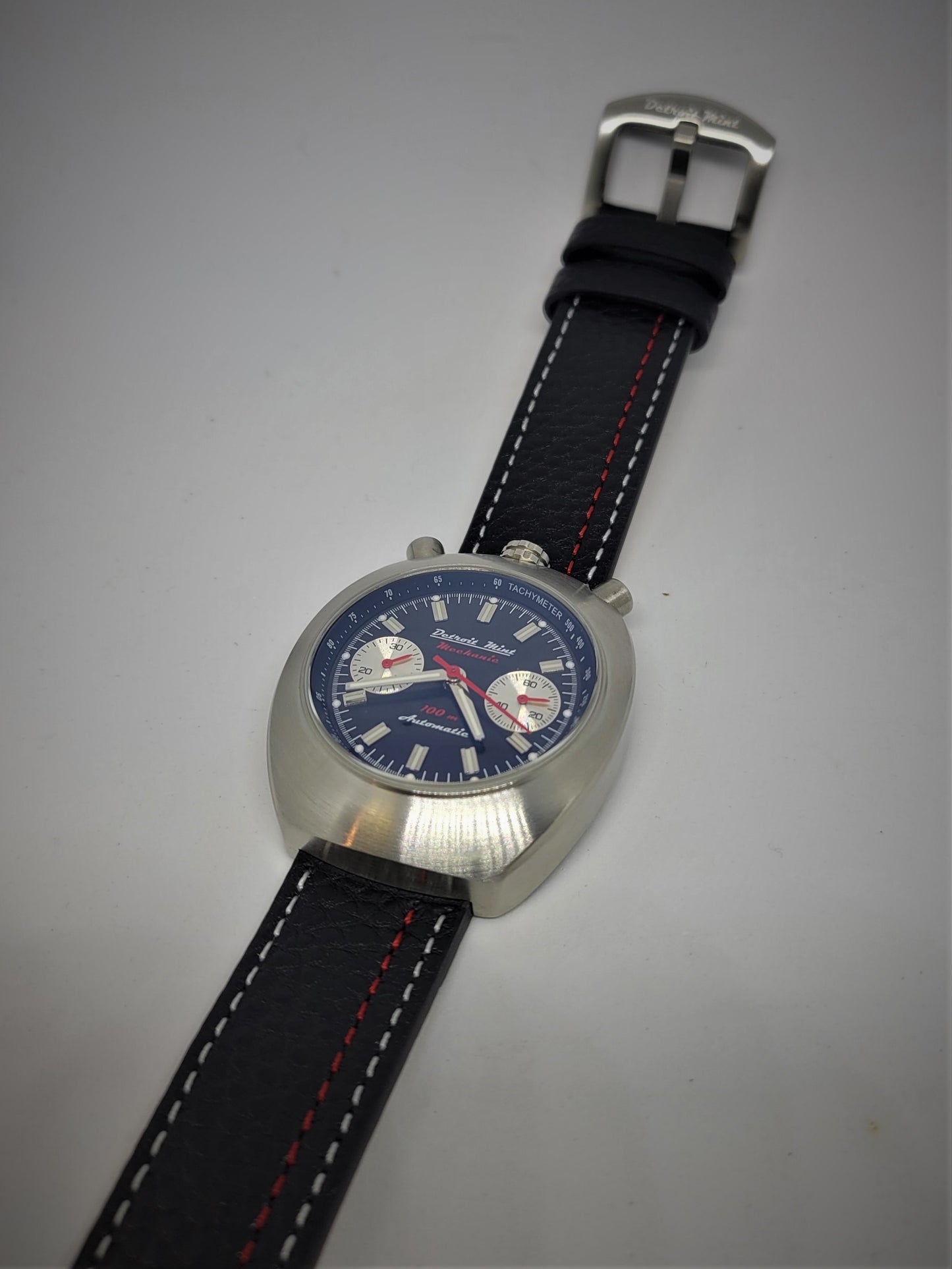 Detroit Mint Mechanic Automatic Chronograph Bullhead Brushed Silver Black Dial